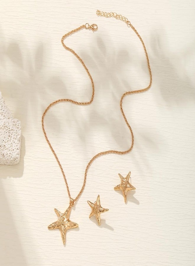 Thalireth 2Pcs Starfish Earrings Necklace For Women Gold Star Swirl Pendant Necklace Summer Beach Beachy Stainless Steel Non Tarnish Waterproof Jewelry Set - Image 3